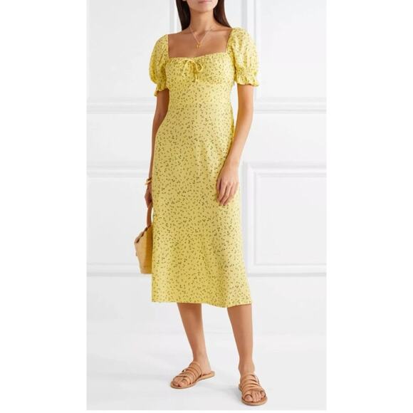 Faithfull the Brand Evelyn Floral Crepe Midi Dress Yellow Floral Print Size 4 - Picture 1 of 6